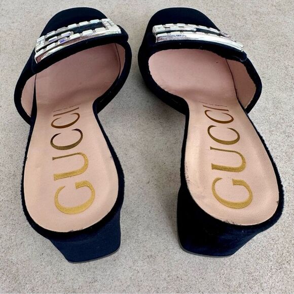 Gucci Madelyn Velvet Crystal Square G Mules Black Block Mid Heel EU 37.5 US 7.5 - Picture 7 of 11
